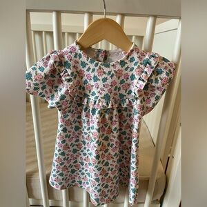 Floral Ruffle Baby Dress - Pink & Teal Flowers on Cream- 1.5 years